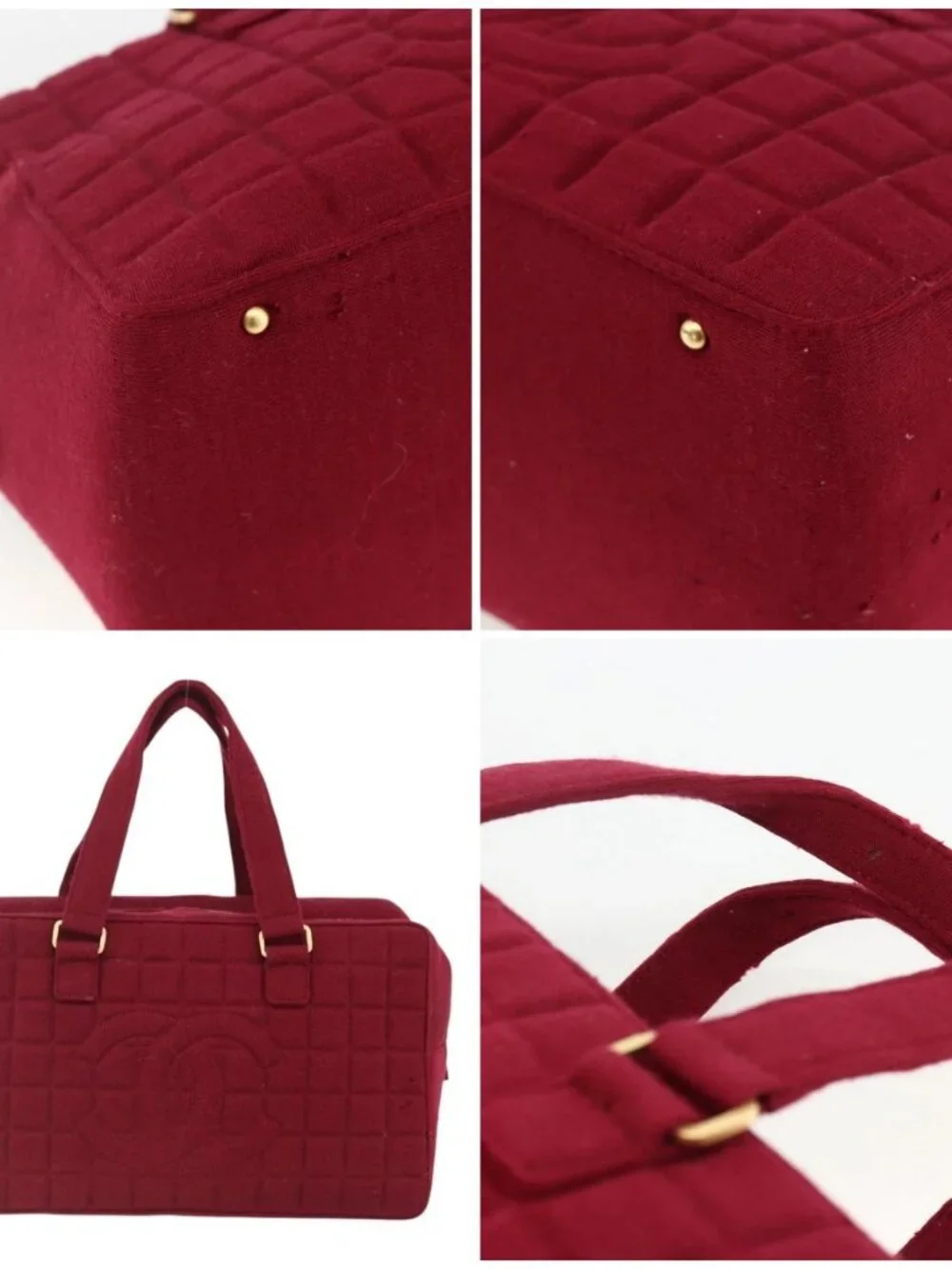 CHANEL Choco Bar Hand Bag Cotton Bordeaux Gold CC Auth BAZ870